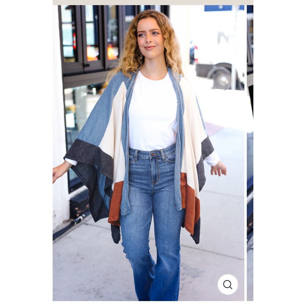 Cozy Color-block‎ Blanket Wrap Poncho Waterfall Cardigan Blue Cream Rust Gray